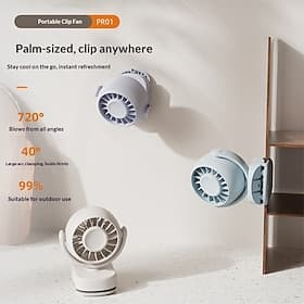Mini ventilateur portable à pince, rotation à 720°, ventilateur de bureau personnel, format de paume, rechargeable par USB, idéal pour poussette, bureau, voyag