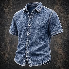 Chemise homme softfade™ décontractée en jean délavé à l'acide, teinte en pièce, noir, vert clair, bordeaux, bleu marine, manches courtes, couleur unie, col, st