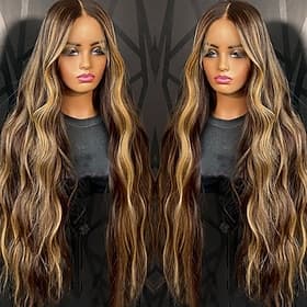 Perruque brésilienne ondulée, blond miel, avec mèches brunes et baby hair, effet balayage, raie au milieu, 100% cheveux vierges, sans colle, pour femme. Closur