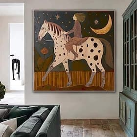 Peinture à l'huile sur toile, réalisée à la main, représentant une jeune fille à cheval par une nuit de clair de lune, avec des personnages américains. Décorat