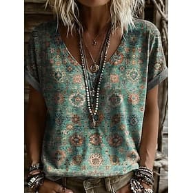 Femmes T-shirt Imprimé Fleuri Graphique Paisley Élégant Classique Occasionnel Manche Courte Col en V Hauts Longs Occasionnel Quotidien Noir Violet Vert Été Pri
