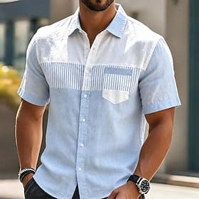 Men Shirt Linen Shirt Summer Shirt Casual Shirt Color Block Casual Street Sky Blue Khaki Gray Short Sleeve Shirt Collar Summer Spring Clothing Apparel Pocket