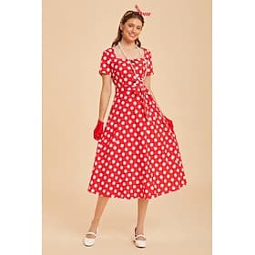 Set 1950s Retro Vintage Rockabilly Midi Dress Necklace Headband with Accessories Short Sleeves Fit and Flare Polka Dot Fit  Flare Square Neck Fancy Dress Women