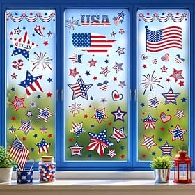 Autocollants pour fenêtres du 4 juillet - 9 feuilles de 111 pièces, décorations patriotiques double face pour la fête de l'indépendance, autocollants statiques