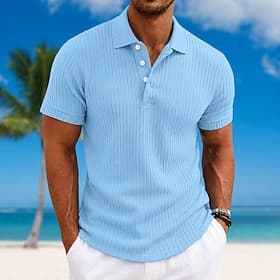 Homme Polo Haut en Tricot Côtelé Occasionnel Travail Revers Col Polo Côtelé Manche Courte Basique Moderne Uni Boutons Tricoté Printemps Été Été Bleu Blanche J
