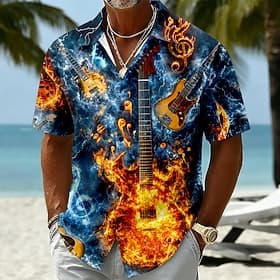 Homme Guitare Instrument de musique Chemise Chemise d'été Chemise Boutonnée Manche Courte Vintage Rétro Extérieur Vacances à la Plage Été Printemps Col Rabattu