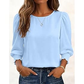 Femmes Chemise Pull Froncé Uni Élégant Occasionnel manche longue Manches bouffantes Col ras du cou Hauts Réguliers Quotidien Extérieur Bleu Blanche Noir Rose C