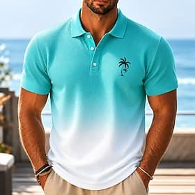 Men's Ombre Palm Tree Waffle Polo Shirts Short Sleeve Polo Shirts Collared Shirts Resort Party Evening Wear Dailywear 3D Print Buttons Breathable Mesh Spring