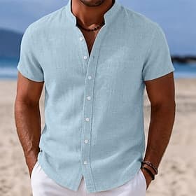 Men Shirt Linen Shirt Summer Shirt Beach Wear Band Collar Shirt Button Up Shirt Plain Casual Daily Black White Sky Blue Orange Short Sleeve Band Collar Summer