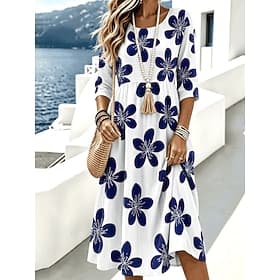 Women's Midi Dress Sundress Casual Dress Summer Dress Vacation Casual Beach Beach Holiday Regular Fit Floral Graphic 3/4 Length Sleeve Crew Neck Blue Pink Gree