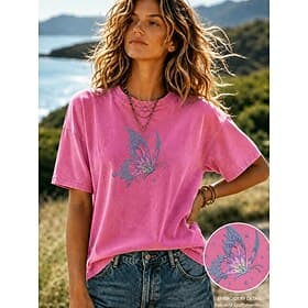 Femmes 100% Coton T-shirt brodé Hauts effet délavé vintage Papillon ancien Classique Occasionnel Manche Courte Col ras du cou Hauts Réguliers Occasionnel Quoti