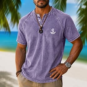 Homme Chemise Henley Manche Courte Uni Ancre Rétro Vintage Occasionnel Le style rétro Teinture en vêtement Délavé Henley Occasionnel Printemps  Été Été Toutes