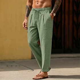 Men's Linen Pants Trousers Summer Pants Drawstring Elastic Waist Straight Leg Plain Comfort Breathable Ankle-Length Casual Daily Holiday Fashion Classic Style thumbnail 2