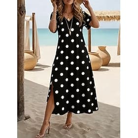Femmes Robe Midi Robe trapèze Occasionnel Quotidien Fête Date Coupe régulière Graphique À pois Manche Courte Col en V Noir Été Printemps