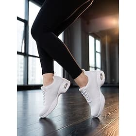 Women's White Dance Sneakers – Breathable Knit Dance Practice Shoes with Air Cushion Heel, Lightweight Comfort, Shock Absorption and Flexible Sole for Zumba, J