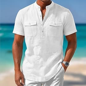Men Linen Shirt Summer Shirt Beach Wear Button Up Shirt Plain Casual Vacation Black White Blue Khaki Short Sleeve Turndown Summer Clothing Apparel Pocket