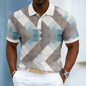 Men's Color Block Geometic Polo Shirts Short Sleeve Polo Shirts Collared Shirts Casual Athleisure Daily Wear 3D Print Buttons Breathable Mesh Summer Spring Blu
