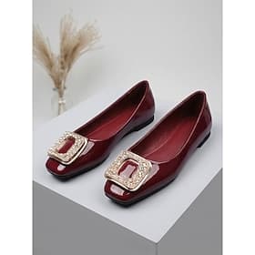 Women's Burgundy Flat Shoes - Wine Red Patent Leather Square Toe Rhinestone Buckle Pumps for Office Work, Business Meeting, Professional Wear