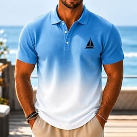 Men's Gradient Ship Waffle Polo Shirts Short Sleeve Polo Shirts Collared Shirts Resort Party Evening Wear Dailywear 3D Print Buttons Breathable Mesh Spring  Su