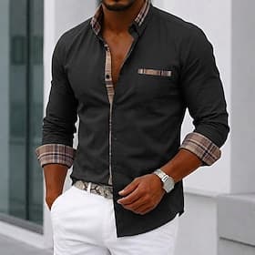Men Shirt Dress Shirt Button Up Shirt White Black Pink Navy Blue Long Sleeve Color Block Lapel Casual Daily Front Pocket Clothing Apparel Fashion Casual Comfor