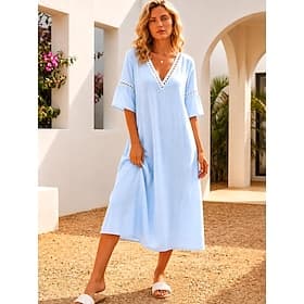 Femmes Robe Midi Robe d'Été Vacances Occasionnel Boho Plage Soirée Date Coupe Ample Uni Manche Courte Col en V Bleu Rose Claire Vert Beige Été Printemps