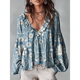 Femmes Chemise Tunique A Volants A Ombre Fleuri Graphique Élégant Bohème Vacances manche longue Col en V Hauts Réguliers Occasionnel Quotidien Bleu Blanche Jau thumbnail 2
