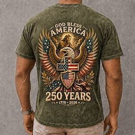 T-shirt homme 250e anniversaire du drapeau américain (4 juillet 2026), 100 % coton, délavé à l'acide, manches courtes, impression directe sur textile, col rond thumbnail 2