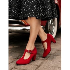 Women's Red Suede Mary Jane Shoes - Retro 1950s T-Strap Block Heels for Evening Cocktail Party, Vintage Prom Dress Pumps