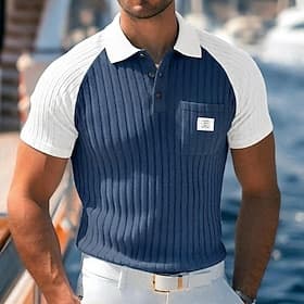 Homme Haut en Tricot Côtelé Polos de Golf Occasionnel Travail Revers Classique Manche Courte Basique Moderne Bloc de Couleur Boutons Tricoté Printemps Été Été