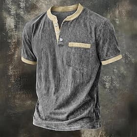 Men's Henley Shirt 100% Cotton Acid Wash Shirt T shirt Tee Short Sleeve Solid Retro Vintage Casual Vintage Style Color Block Washed Henley Casual Spring  Summe