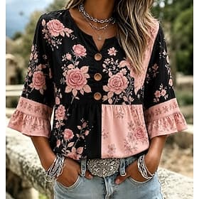 Femmes Chemise Patchwork Boutons Imprimé A Ombre Fleuri Graphique ancien Élégant manche longue Col en V Hauts Réguliers Occasionnel Quotidien Fête Noir Été Pri