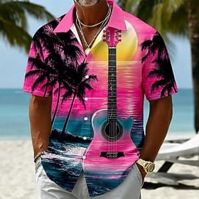 Men's Guitar Coconut Palm Tropical Plants Summer Hawaiian Shirt Tropical Shirts Aloha Shirt Short Sleeve Hawaiian Daily Beach Vacation Wear Summer Spring Turnd