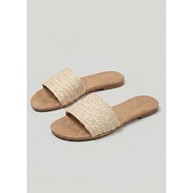 Women's Beige Woven Slide Sandals - Casual Open Toe Flat Espadrille Beach Shoes with Straw Strap for Vacation