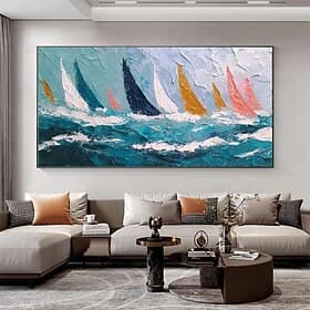 Grande peinture à l'huile originale faite à la main, représentant un voilier de régate aux couleurs vibrantes et abstraites. Peinture à l'huile en impasto, sty