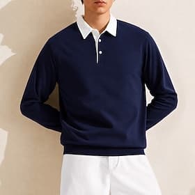 Men's Polo Shirts Casual Business Turndown Long Sleeve Plain Textured Lightweight Buttons Spring   Fall Blue Navy Blue Polo Shirts