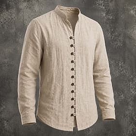 Men Shirt Linen Shirt Summer Shirt Casual Shirt Button Up Shirt Plain Casual Daily Black White Pink Sky Blue Long Sleeve Band Collar Spring  Summer Summer Clot