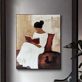 Art fait main représentant une femme noire lisant, décoration neutre, cadeaux pour amoureux des livres, décoration minimaliste, inspiration dopamine, art mural