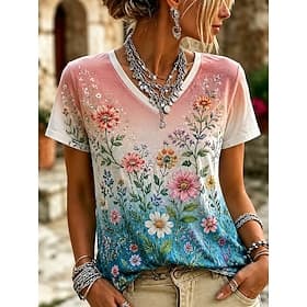 Women's T Shirt Print Floral Graphic Stylish Classic Casual Short Sleeve V Neck Regular Tops Casual Daily Blue Pink Summer Spring
