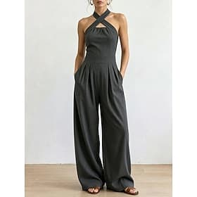 Women's Jumpsuit Elegant Full Length High Waist Plain Inelastic Vacation Formal Black White Wine Navy Blue Summer Spring Regular Fit