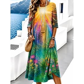 Femmes Robe Midi Robe d'Été Robe Décontractée Robe d'été Vacances Occasionnel Chaussures de plage Plage Fête Coupe régulière Fleuri Graphique Manche 3/4 Col ra thumbnail 2