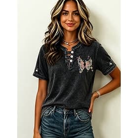 Women's 100% Cotton T Shirt Vintage Washed Tops Print Graphic Butterfly Vintage Fashion Stylish Short Sleeve Crew Neck Regular Tops Casual Daily Blue Black Pin