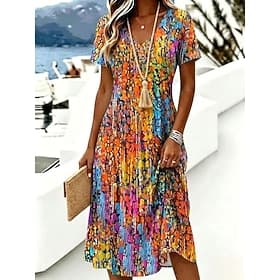 Women's Knee Length Dress T Shirt Dress Tee Dress A Line Dress Vacation Casual Boho Beach Regular Fit Floral Graphic Short Sleeve V Neck Blue Orange Green Summ
