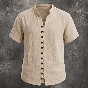 Men Linen Shirt Summer Shirt Beach Wear Button Up Shirt Plain Casual Vacation Black White Pink Sky Blue Short Sleeve Stand Collar Spring  Summer Summer Clothin