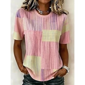 Women's T Shirt Color Block Print Graphic Geometric Striped Vintage Stylish Classic Short Sleeve Crew Neck Round Neck Long Tops Casual Daily Pink Light Purple