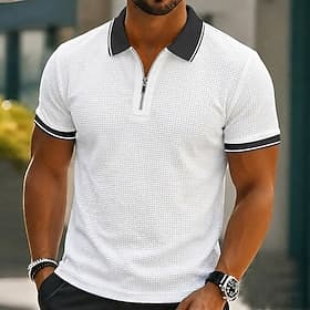 Men's Cooling Ice Silk Seersucker Polo Shirts Textured Casual Vacation Zip Quarter Zip Short Sleeve Fashion Basic Color Block Textured Buttons Breathable Sprin