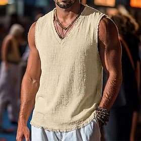 Men's Linen Tank Top Sleeveless Shirt Sleeveless V Neck Spring  Summer Summer Plain Fashion Designer Basic Soft Raw Edge Casual Beach Vacation Blue Black Red T