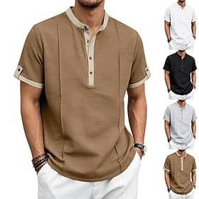 Men's Henley Top Rib Knit Top Short Sleeve Plain Casual Daily Ruched Stripe Contrasting Binding Process Henley Collar Casual Summer Spring White Khaki Black He
