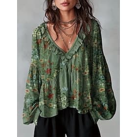 Femmes Chemise Tunique A Volants A Ombre Fleuri Graphique Élégant Bohème Vacances manche longue Col en V Hauts Longs Occasionnel Quotidien Bleu Blanche Jaune R thumbnail 2