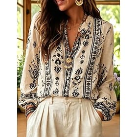 Femmes Chemisier Boutons Graphique Géométrique Élégant Occasionnel manche longue Col en V Hauts Réguliers Occasionnel Quotidien Beige Été Printemps