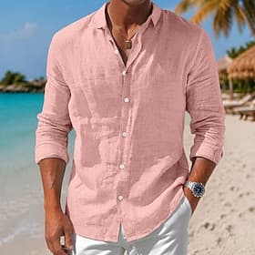 Men's Shirt Linen Shirt Beach Wear Button Up Shirt Plain Casual Daily Blue Black White Pink Long Sleeve Turndown Spring  Summer Summer Clothing Apparel Buttons